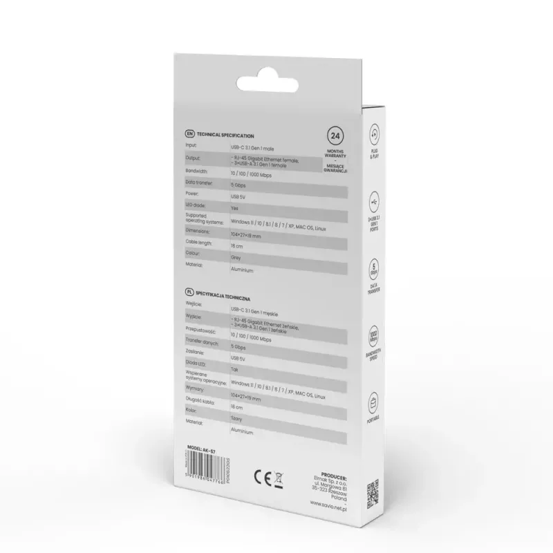 USB-C centrmezgls SAVIO AK-57 ar 3 × USB-A, RJ-45 Gigabit Ethernet (5000 Mbit/s), alumīnija pelēks