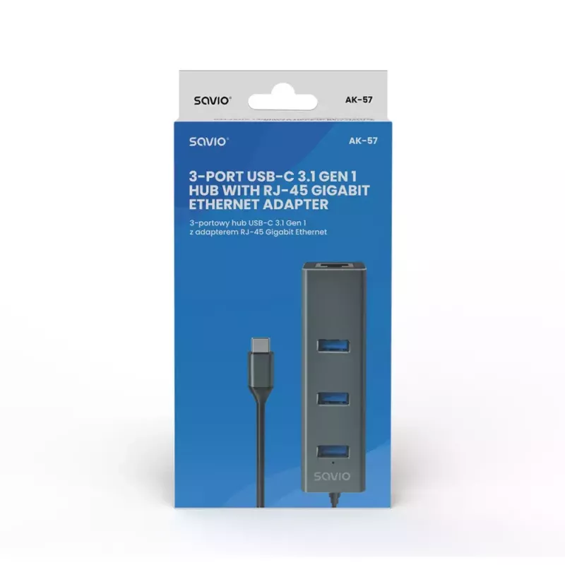 USB-C centrmezgls SAVIO AK-57 ar 3 × USB-A, RJ-45 Gigabit Ethernet (5000 Mbit/s), alumīnija pelēks