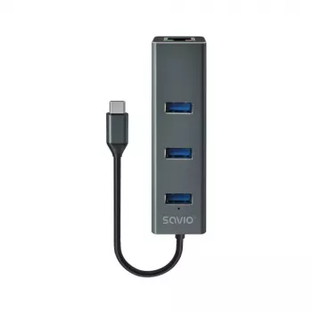 USB-C centrmezgls SAVIO AK-57 ar 3 × USB-A, RJ-45 Gigabit Ethernet (5000 Mbit/s), alumīnija pelēks