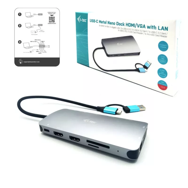 i-tec USB 3.0 USB-C/Thunderbolt 3x Display Metal Nano Dock ar LAN + Power Delivery 100 W