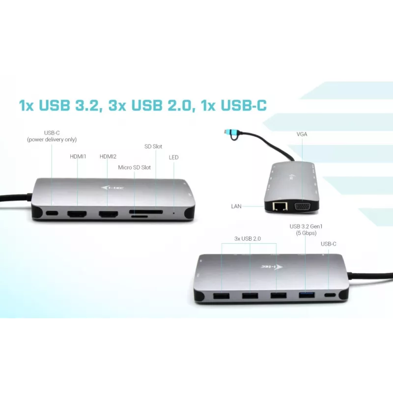 i-tec USB 3.0 USB-C/Thunderbolt 3x Display Metal Nano Dock ar LAN + Power Delivery 100 W