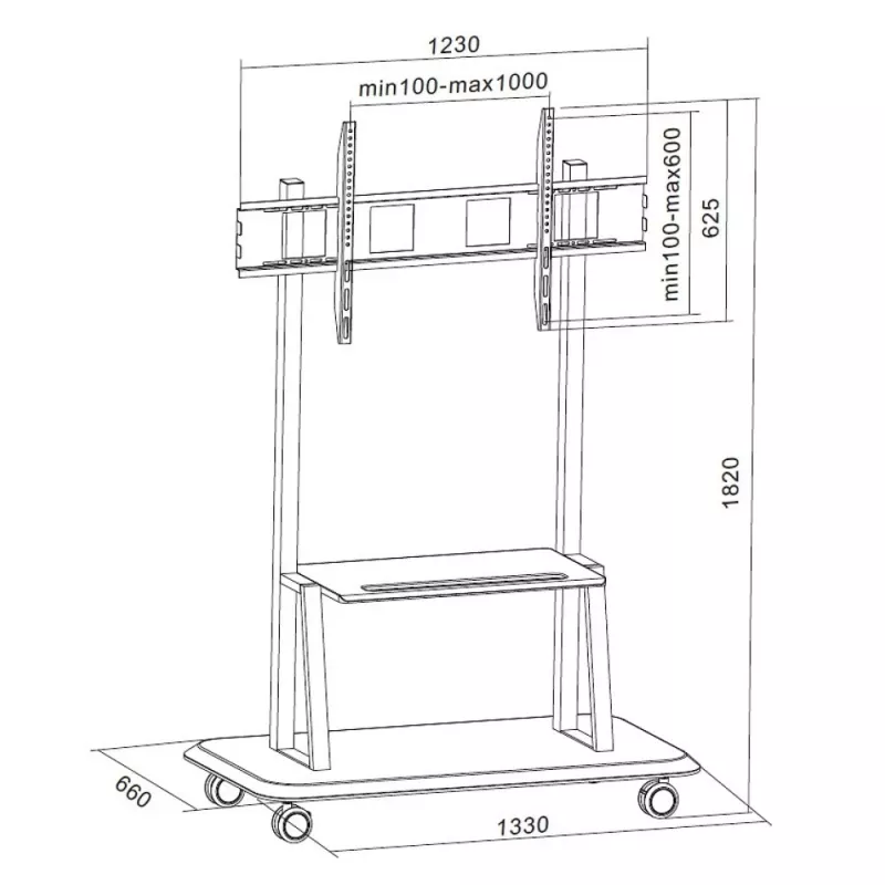 Pārnēsājams uz grīdas novietojams statīvs TECHLY Signage Display Mount ICA-TR31 ekrāniem no 55 collām līdz 120 collām, VESA 1200x600, maksimālā slodze 150 kg, melns