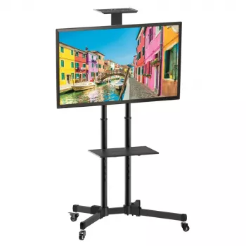 Grīdas statīva stiprinājums TECHLY ICA-TR16T 37 collu–70 collu displejiem, VESA 200x200–600x400, līdz 50 kg, augstuma regulēšana, riteņi, slīpums ±10° (melns)