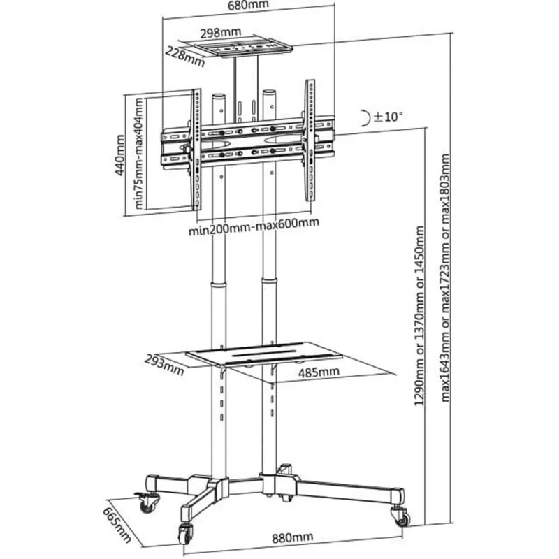 Grīdas statīva stiprinājums TECHLY ICA-TR16T 37 collu–70 collu displejiem, VESA 200x200–600x400, līdz 50 kg, augstuma regulēšana, riteņi, slīpums ±10° (melns)