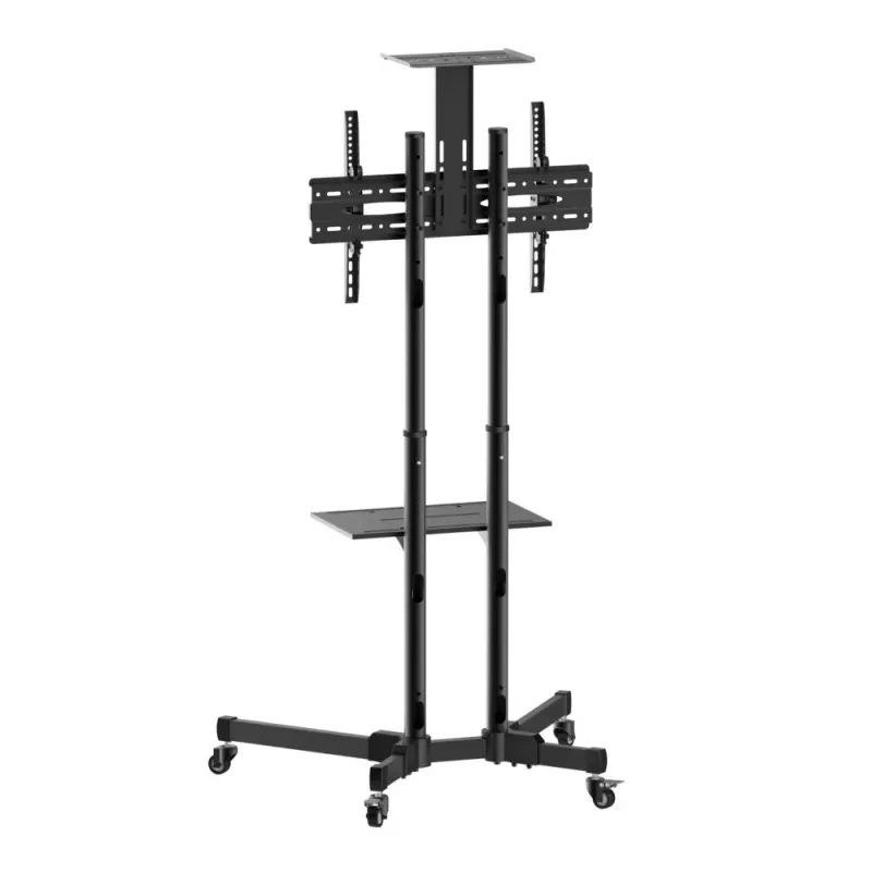 Grīdas statīva stiprinājums TECHLY ICA-TR16T 37 collu–70 collu displejiem, VESA 200x200–600x400, līdz 50 kg, augstuma regulēšana, riteņi, slīpums ±10° (melns)