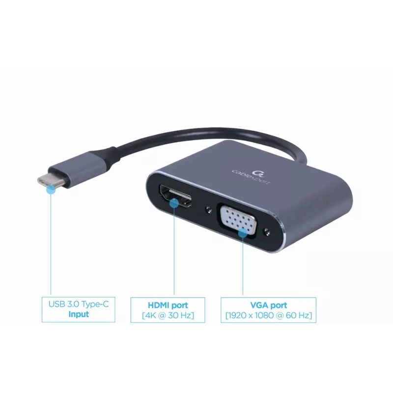 GEMBIRD Alt-DP USB Type-C uz HDMI + VGA displeja adapteris - pelēks