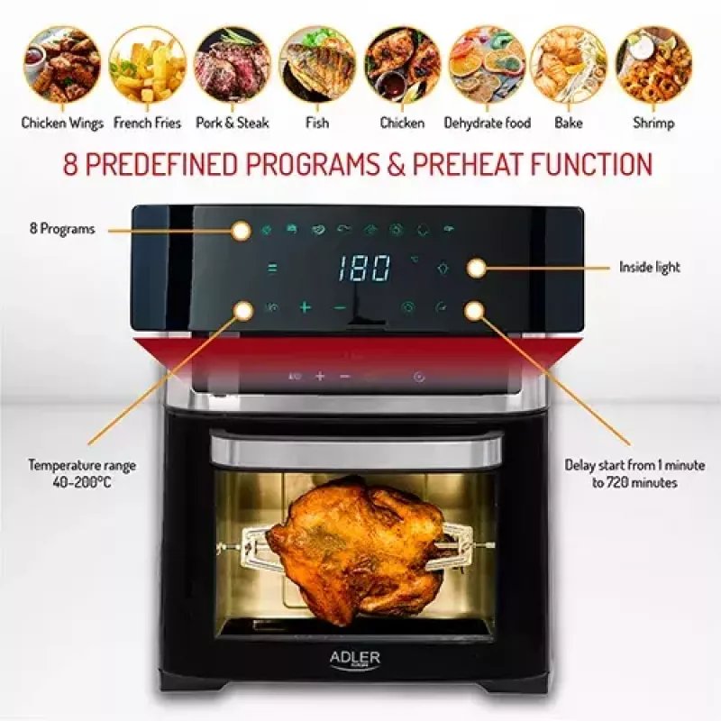 Karstā gaisa fritieris krāsns Adler AD 6309 13 L 2500 W Melns/Sudraba, skārienjutīga vadība, rotisserie