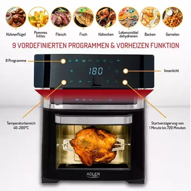Karstā gaisa fritieris krāsns Adler AD 6309 13 L 2500 W Melns/Sudraba, skārienjutīga vadība, rotisserie