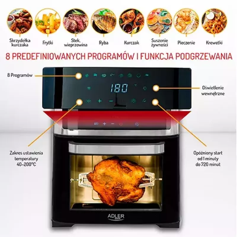Karstā gaisa fritieris krāsns Adler AD 6309 13 L 2500 W Melns/Sudraba, skārienjutīga vadība, rotisserie