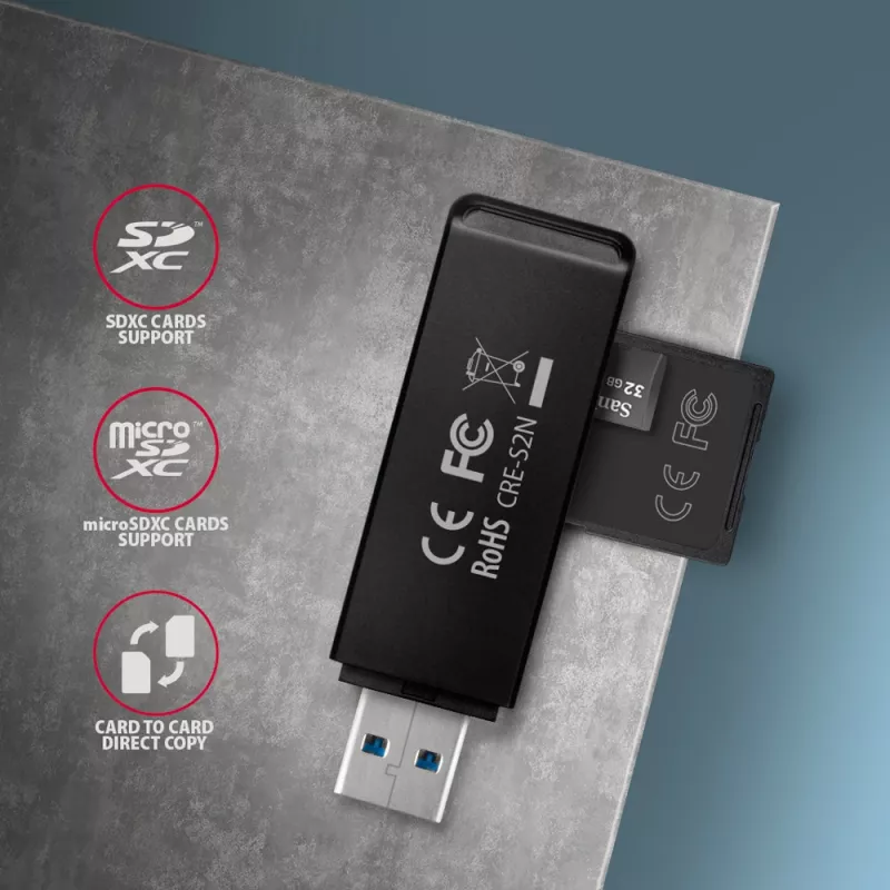Card Reader Axagon CRE-S2N USB 3.2 Gen 1 Type-A Melns