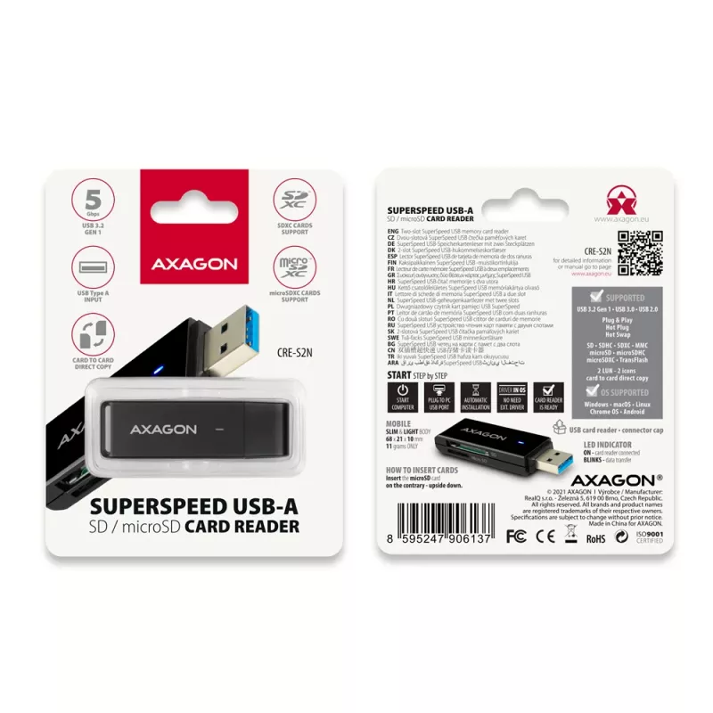 Card Reader Axagon CRE-S2N USB 3.2 Gen 1 Type-A Melns