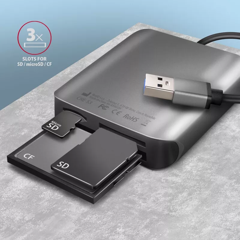 Axagon CRE-S3 ārējais USB-A 3.2 Gen 1 3 slotu & LUN SD/microSD/CF karšu lasītājs USB 3.2 Gen 1 (3.1 Gen 1) Type-A pelēks