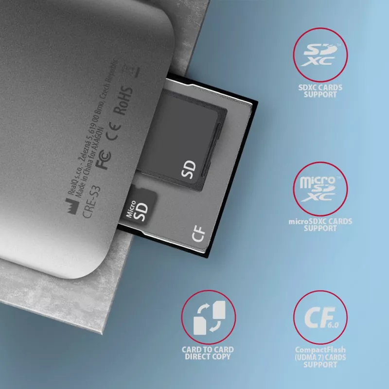 Axagon CRE-S3 ārējais USB-A 3.2 Gen 1 3 slotu & LUN SD/microSD/CF karšu lasītājs USB 3.2 Gen 1 (3.1 Gen 1) Type-A pelēks