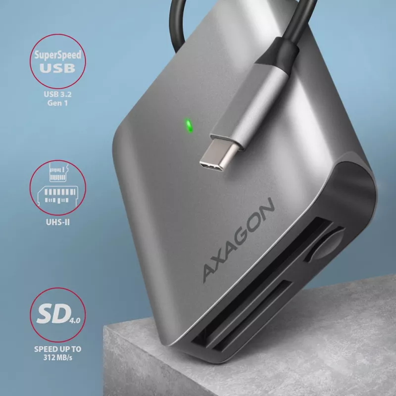 Axagon CRE-S3C Alumīnija ātrgaitas USB-C 3.2 Gen 1 atmiņas karšu lasītājs. 3 sloti, UHS-II
