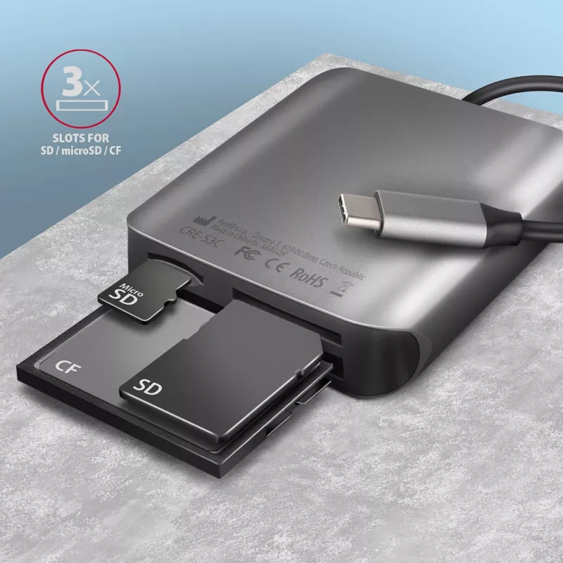 Axagon CRE-S3C Alumīnija ātrgaitas USB-C 3.2 Gen 1 atmiņas karšu lasītājs. 3 sloti, UHS-II