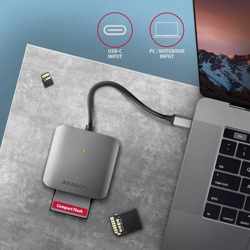Axagon CRE-S3C Alumīnija ātrgaitas USB-C 3.2 Gen 1 atmiņas karšu lasītājs. 3 sloti, UHS-II
