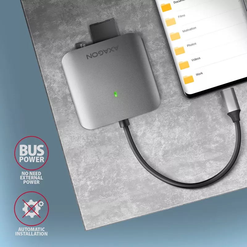 Axagon CRE-S3C Alumīnija ātrgaitas USB-C 3.2 Gen 1 atmiņas karšu lasītājs. 3 sloti, UHS-II