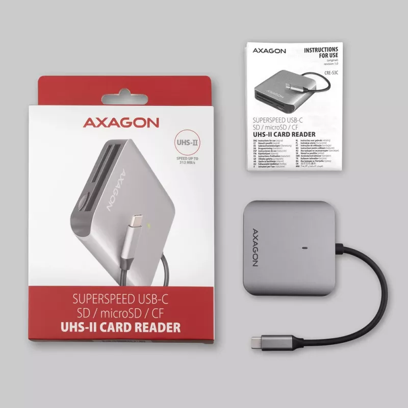 Axagon CRE-S3C Alumīnija ātrgaitas USB-C 3.2 Gen 1 atmiņas karšu lasītājs. 3 sloti, UHS-II