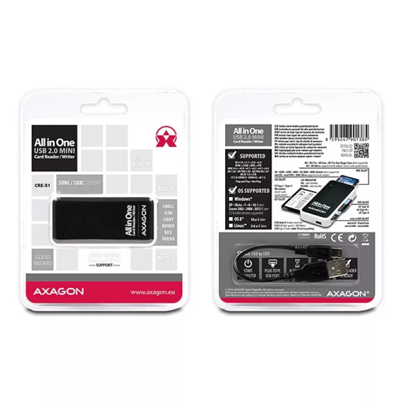 Axagon CRE-X1 ārējais 5 slotu atmiņas karšu lasītājs, CF, CF Type II, MMC, MMC Mobile, MMCmicro, MS Duo, MS PRO, Memory Stick (MS), MicroDrive, MicroSD...,