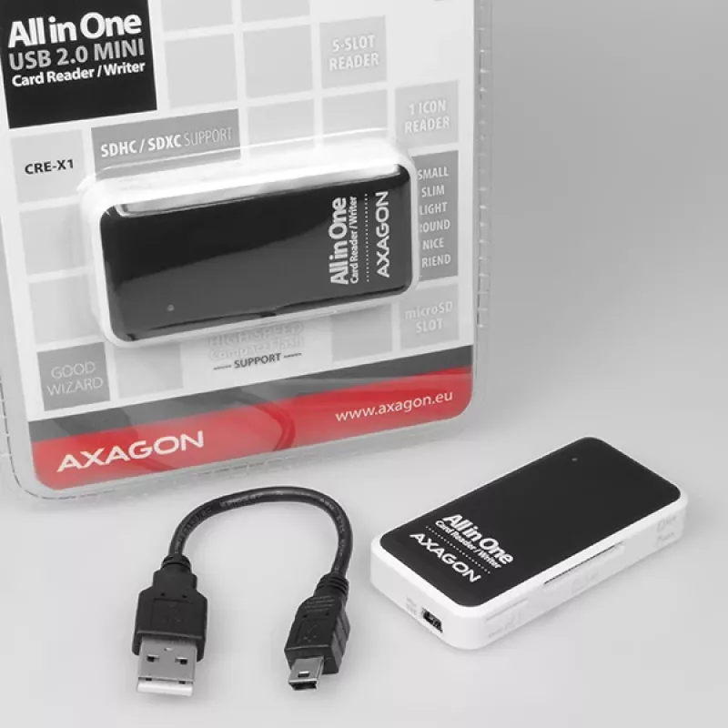 Axagon CRE-X1 ārējais 5 slotu atmiņas karšu lasītājs, CF, CF Type II, MMC, MMC Mobile, MMCmicro, MS Duo, MS PRO, Memory Stick (MS), MicroDrive, MicroSD...,