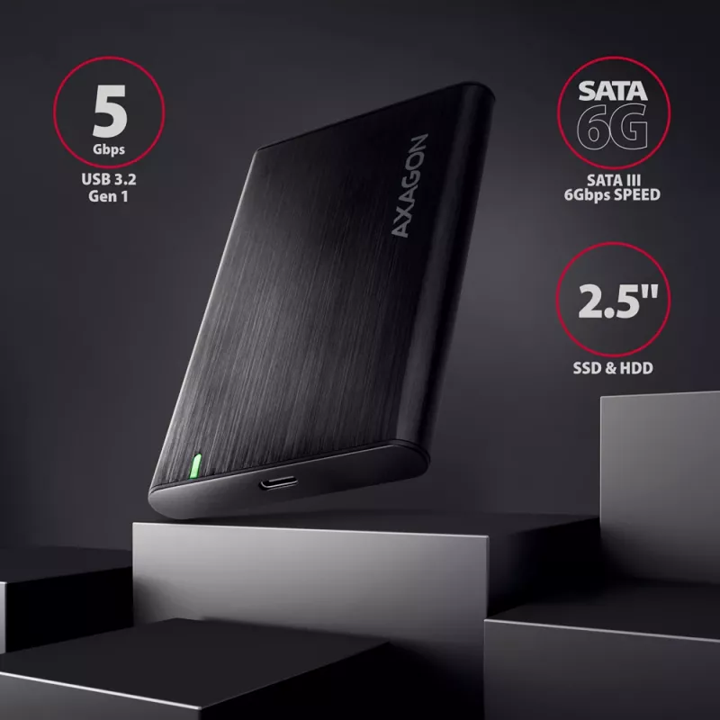 2.5 collu HDD/SSD korpuss AXAGON EE25-A6C — SATA, USB 3.2 Gen 1 (Type-C & Type-A), alumīnijs, melns
