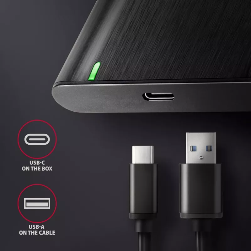 2.5 collu HDD/SSD korpuss AXAGON EE25-A6C — SATA, USB 3.2 Gen 1 (Type-C & Type-A), alumīnijs, melns