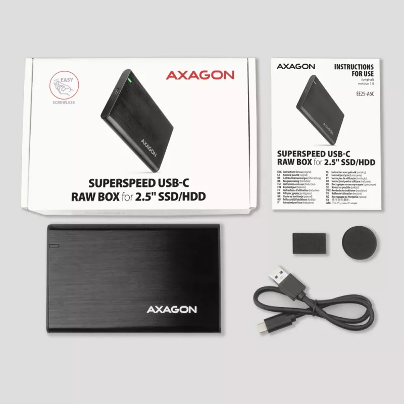 2.5 collu HDD/SSD korpuss AXAGON EE25-A6C — SATA, USB 3.2 Gen 1 (Type-C & Type-A), alumīnijs, melns