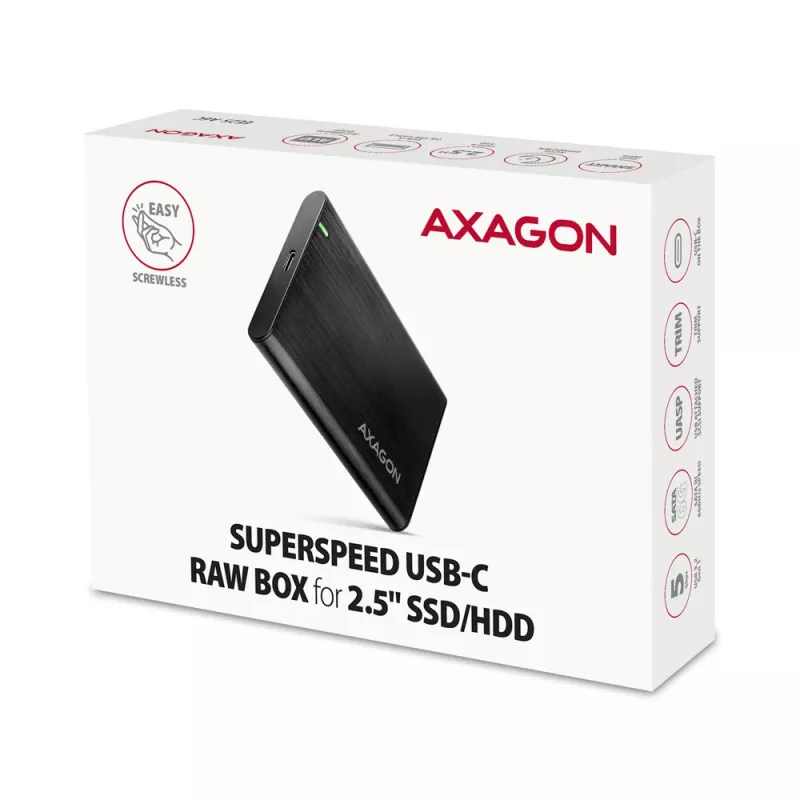 2.5 collu HDD/SSD korpuss AXAGON EE25-A6C — SATA, USB 3.2 Gen 1 (Type-C & Type-A), alumīnijs, melns