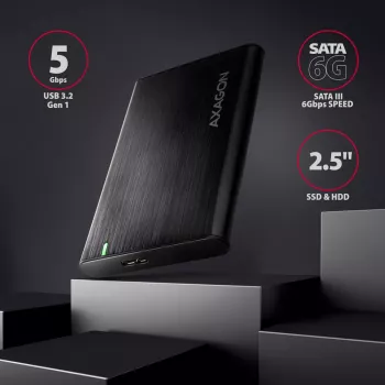 HDD/SSD korpuss AXAGON EE25-A6M — 2,5 collu SATA, USB 3.2 Gen 1 (5 Gbit/s), Micro-USB B uz USB Type-A, alumīnijs, melns