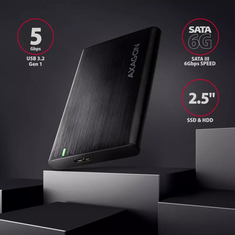 HDD/SSD korpuss AXAGON EE25-A6M — 2,5 collu SATA, USB 3.2 Gen 1 (5 Gbit/s), Micro-USB B uz USB Type-A, alumīnijs, melns
