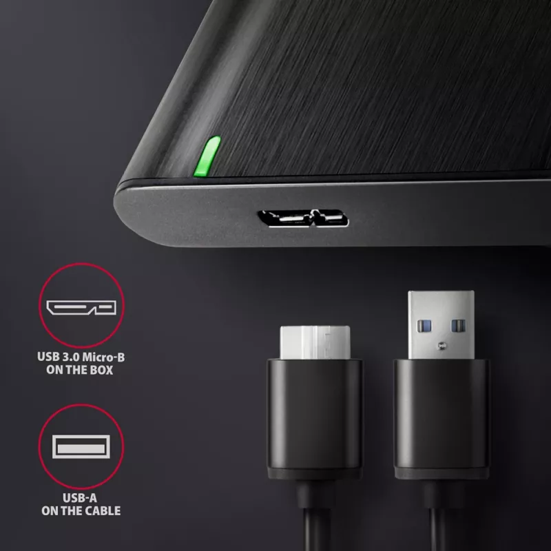HDD/SSD korpuss AXAGON EE25-A6M — 2,5 collu SATA, USB 3.2 Gen 1 (5 Gbit/s), Micro-USB B uz USB Type-A, alumīnijs, melns