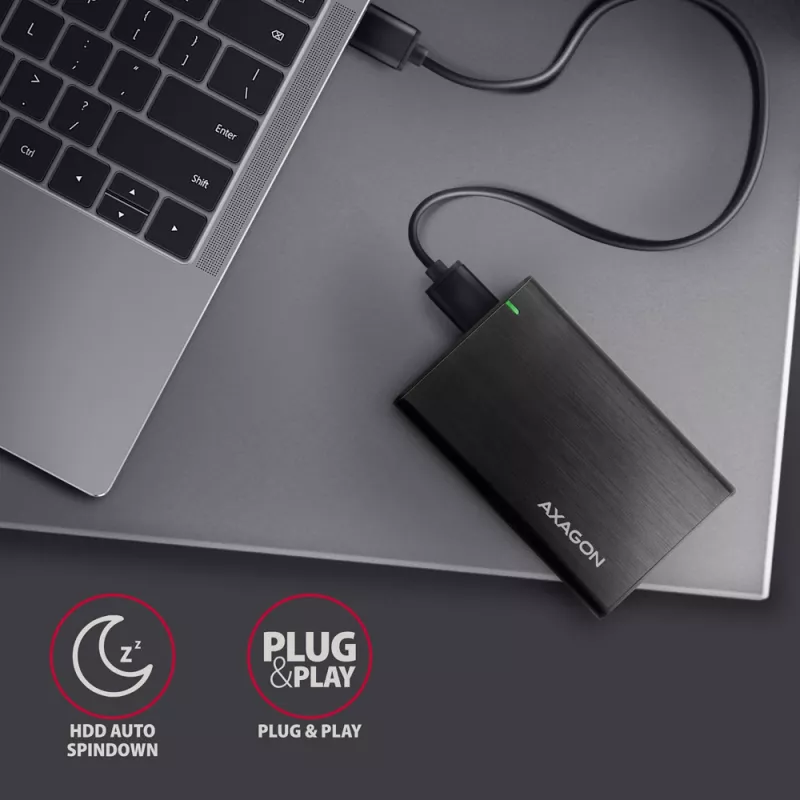 HDD/SSD korpuss AXAGON EE25-A6M — 2,5 collu SATA, USB 3.2 Gen 1 (5 Gbit/s), Micro-USB B uz USB Type-A, alumīnijs, melns