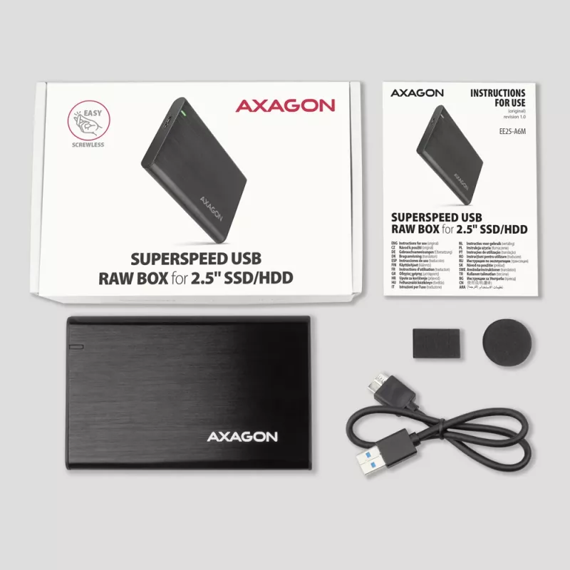 HDD/SSD korpuss AXAGON EE25-A6M — 2,5 collu SATA, USB 3.2 Gen 1 (5 Gbit/s), Micro-USB B uz USB Type-A, alumīnijs, melns