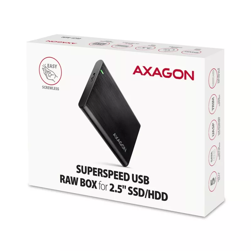 HDD/SSD korpuss AXAGON EE25-A6M — 2,5 collu SATA, USB 3.2 Gen 1 (5 Gbit/s), Micro-USB B uz USB Type-A, alumīnijs, melns