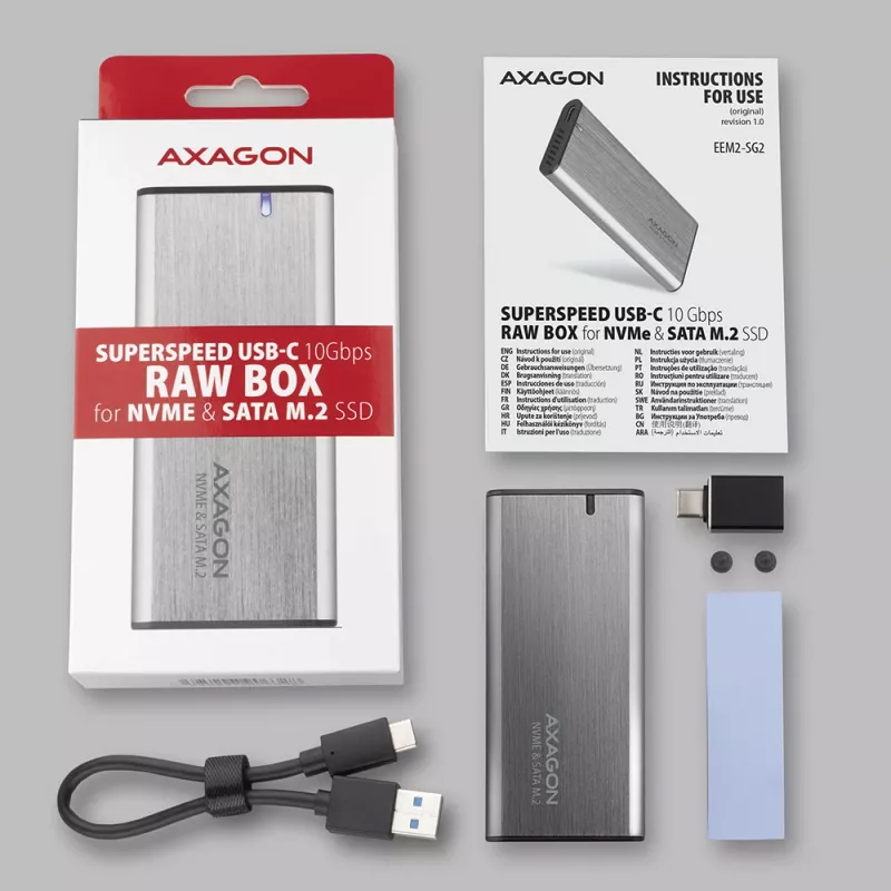 Axagon EEM2-SG2 SuperSpeed+ USB-C - M.2 NVMe & SATA SSD RAW kaste