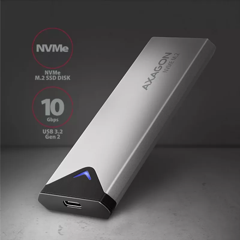 Axagon EEM2-UG2 ārējā USB-C 10Gbps metāla kaste M.2 NVMe SSD diskiem. Sudraba