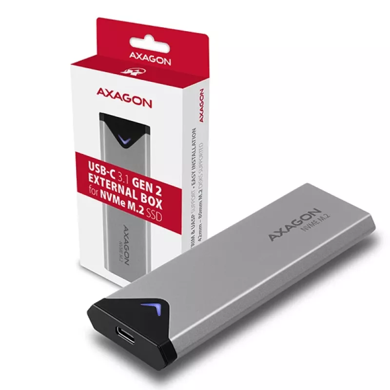 Axagon EEM2-UG2 ārējā USB-C 10Gbps metāla kaste M.2 NVMe SSD diskiem. Sudraba