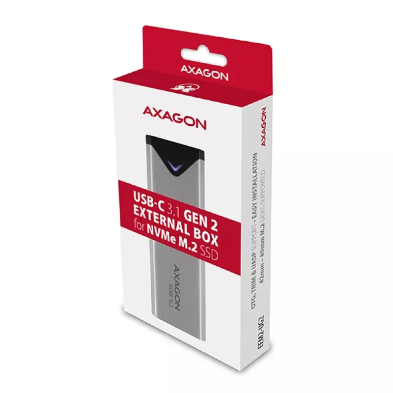 Axagon EEM2-UG2 ārējā USB-C 10Gbps metāla kaste M.2 NVMe SSD diskiem. Sudraba