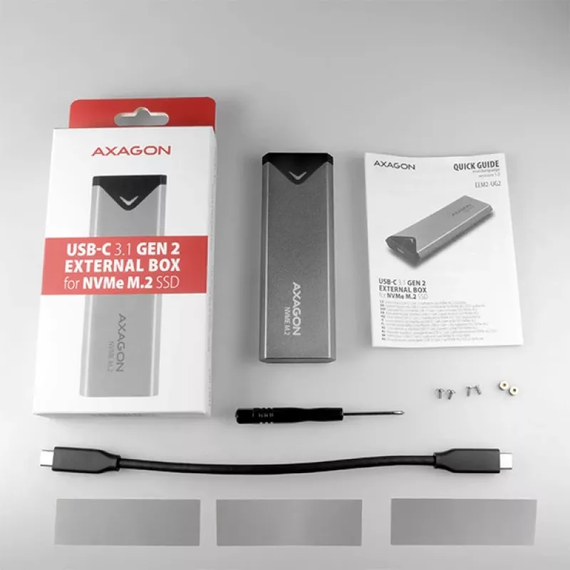 Axagon EEM2-UG2 ārējā USB-C 10Gbps metāla kaste M.2 NVMe SSD diskiem. Sudraba