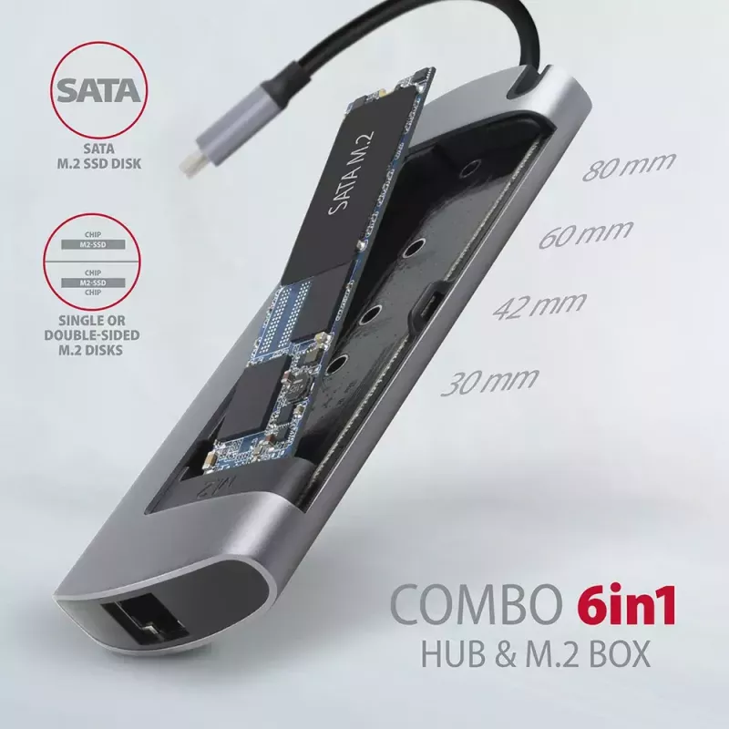 Axagon HMC-6M2 USB 3.2 Gen 1 centrmezgls, 2x USB-A, HDMI, RJ-45, SATA M.2, PD 100W, USB-C kabelis