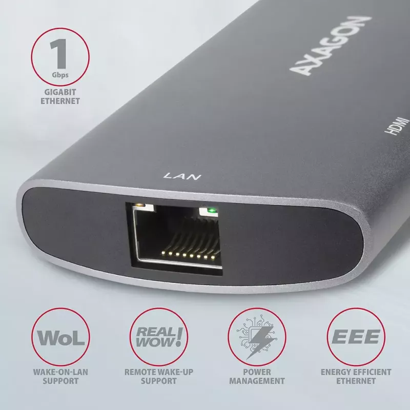 Axagon HMC-6M2 USB 3.2 Gen 1 centrmezgls, 2x USB-A, HDMI, RJ-45, SATA M.2, PD 100W, USB-C kabelis