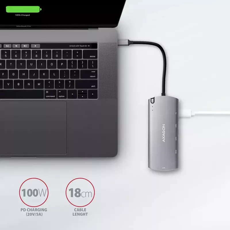 Axagon HMC-6M2 USB 3.2 Gen 1 centrmezgls, 2x USB-A, HDMI, RJ-45, SATA M.2, PD 100W, USB-C kabelis