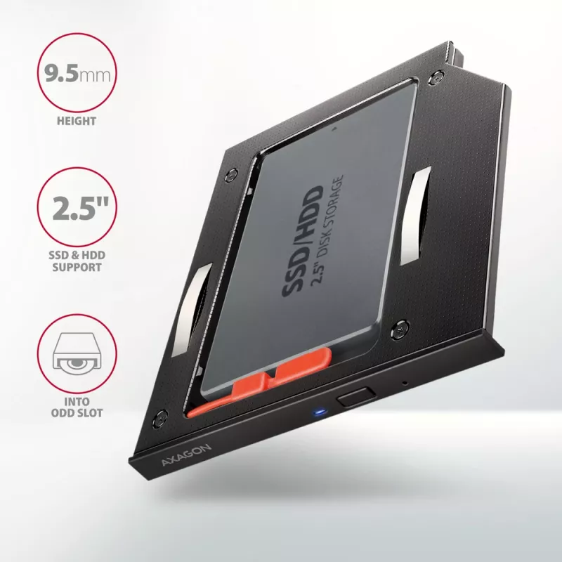 Axagon RSS-CD09 2.5 inch SSD/HDD rāmis DVD slotam 9.5 mm LED ALU interfeisa kartes/adapteris Iekšējais SATA