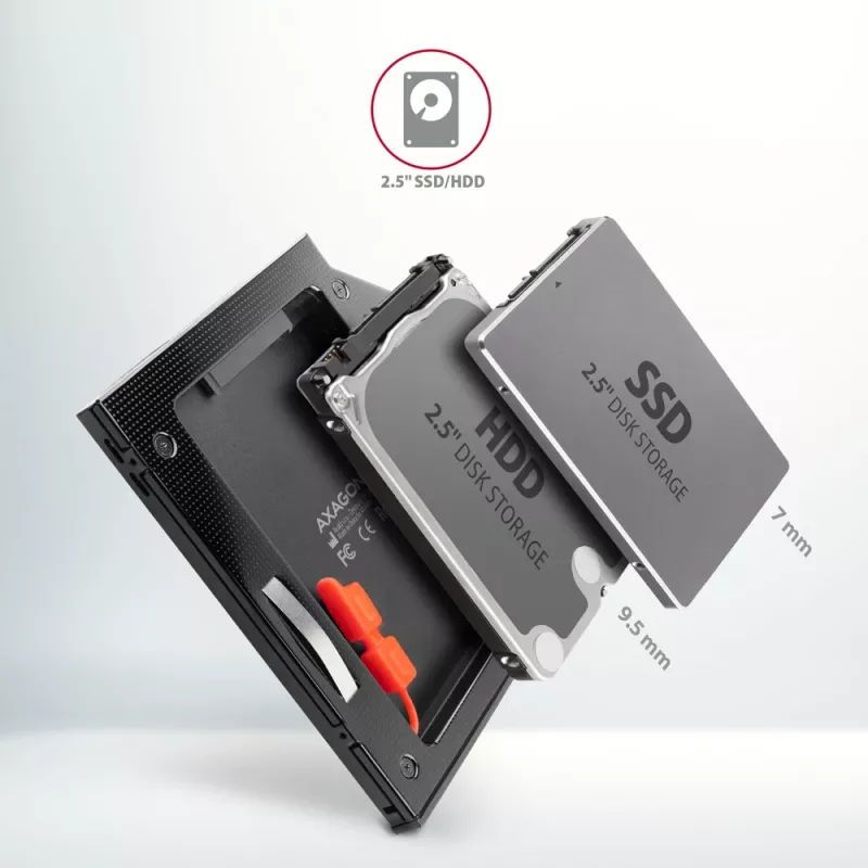Axagon RSS-CD09 2.5 inch SSD/HDD rāmis DVD slotam 9.5 mm LED ALU interfeisa kartes/adapteris Iekšējais SATA