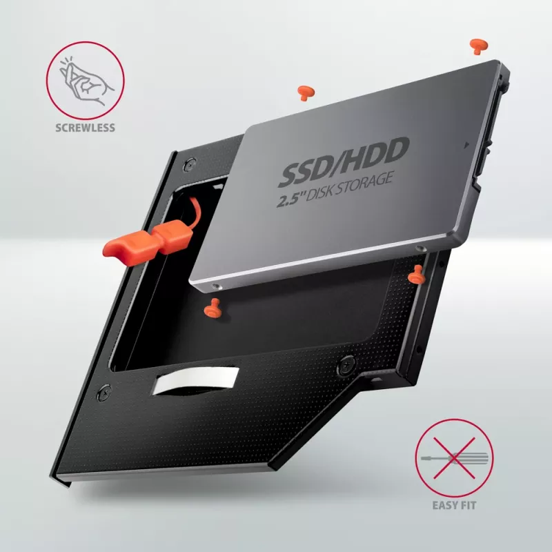 Axagon RSS-CD09 2.5 inch SSD/HDD rāmis DVD slotam 9.5 mm LED ALU interfeisa kartes/adapteris Iekšējais SATA