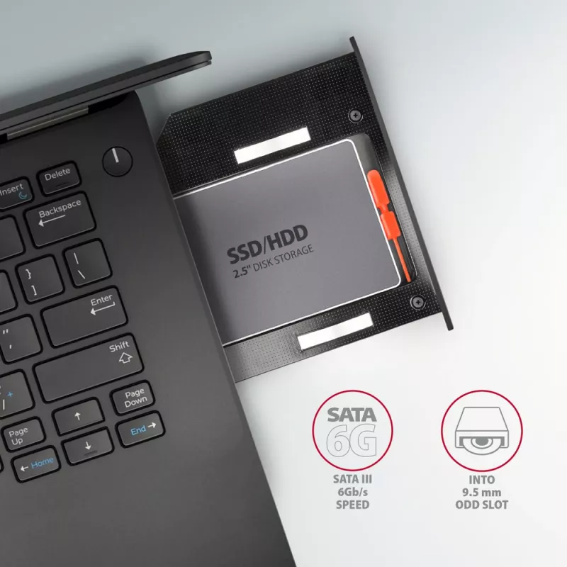 Axagon RSS-CD09 2.5 inch SSD/HDD rāmis DVD slotam 9.5 mm LED ALU interfeisa kartes/adapteris Iekšējais SATA
