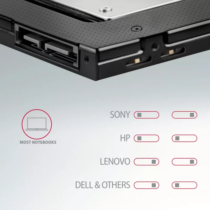 Axagon RSS-CD09 2.5 inch SSD/HDD rāmis DVD slotam 9.5 mm LED ALU interfeisa kartes/adapteris Iekšējais SATA