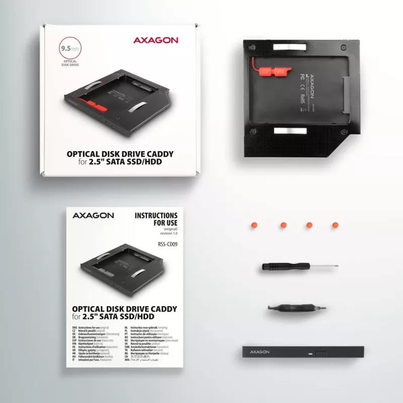 Axagon RSS-CD09 2.5 inch SSD/HDD rāmis DVD slotam 9.5 mm LED ALU interfeisa kartes/adapteris Iekšējais SATA
