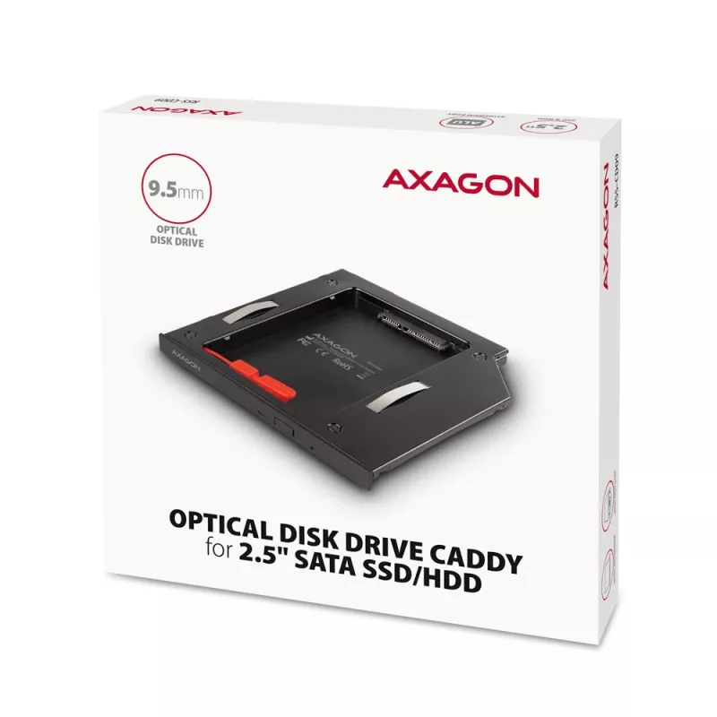 Axagon RSS-CD09 2.5 inch SSD/HDD rāmis DVD slotam 9.5 mm LED ALU interfeisa kartes/adapteris Iekšējais SATA