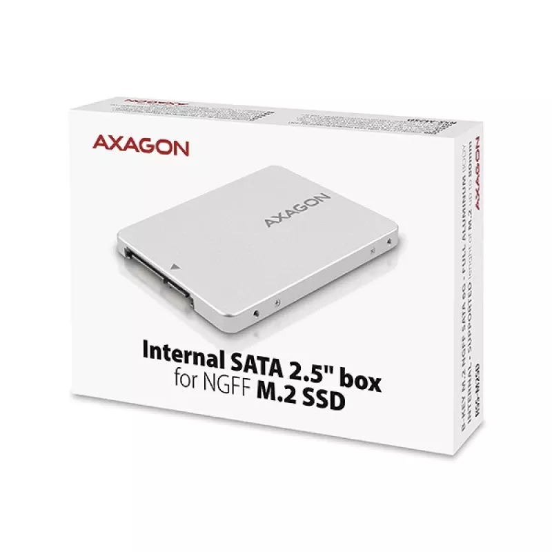 Axagon RSS-M2SD SATA - M.2 SATA SSD, iekšējā 2,5 collu ALU kaste, sudraba